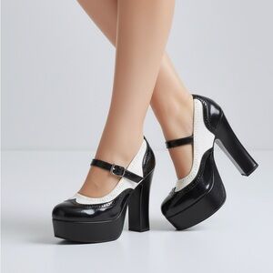 Retro Black & White Spectator Platform Mary Jane Pumps Goth (Est. Size 7.5-8)